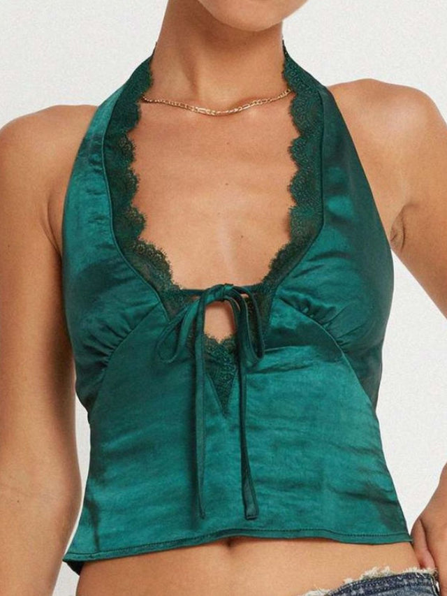 Lace Detail Halter Neck Tank | Hanalas