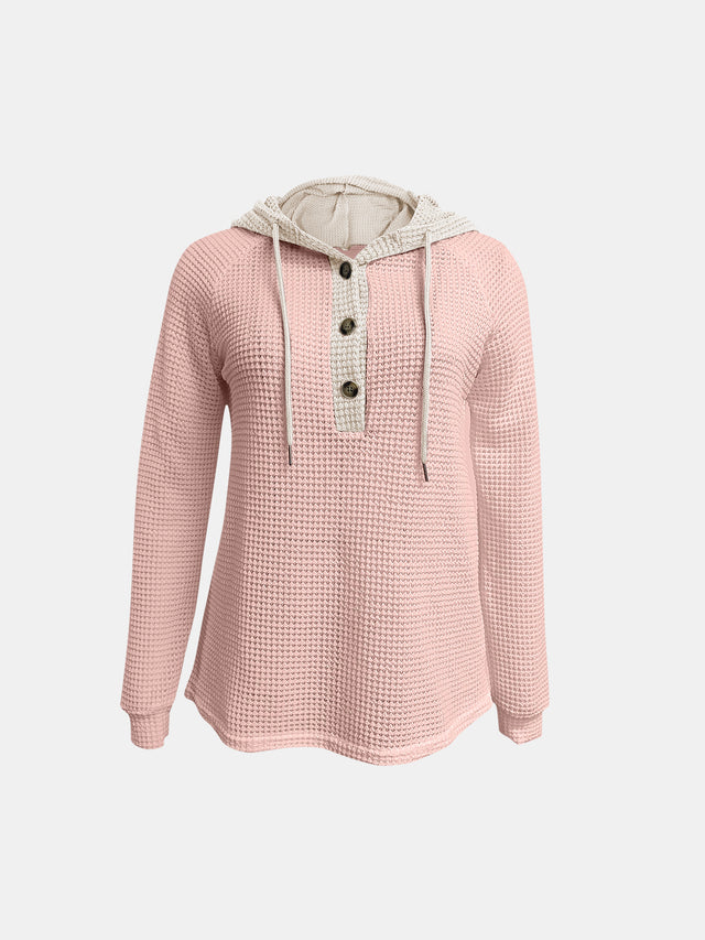 Full Size Waffle-Knit Contrast Long Sleeve Hoodie | Hanalas