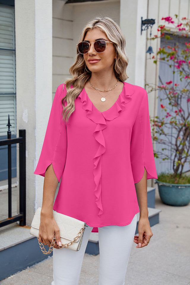 Ruffled V-Neck Three-Quarter Sleeve Blouse | Hanalas