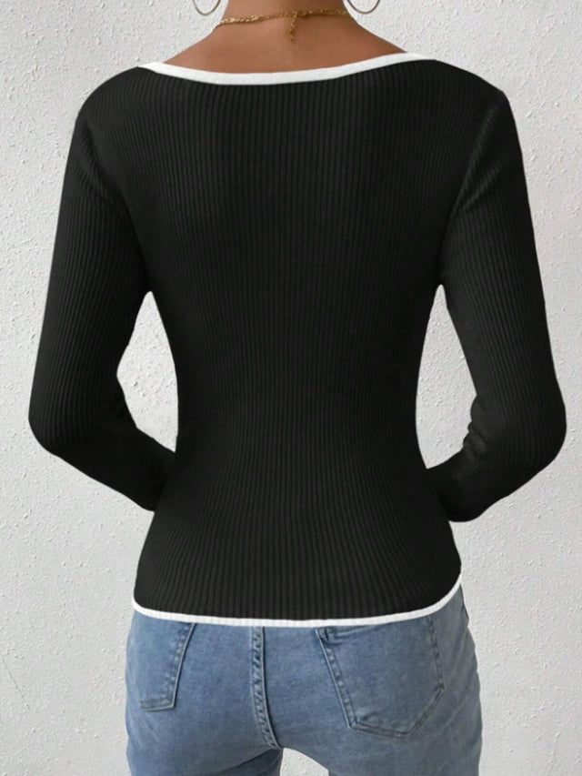 Contrast Trim Long Sleeve Knit Top | Hanalas