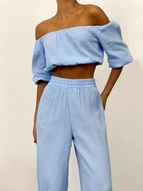 Off Shoulder Long Sleeve Top and Pants Set | Hanalas