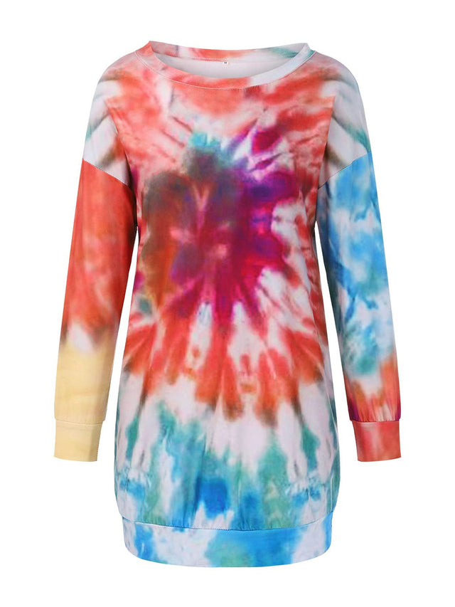 Full Size Tie-Dye Round Neck Long Sleeve Dress | Hanalas