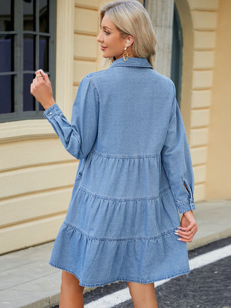 Tiered Button Up Long Sleeve Denim Dress Trendsi Hanalas