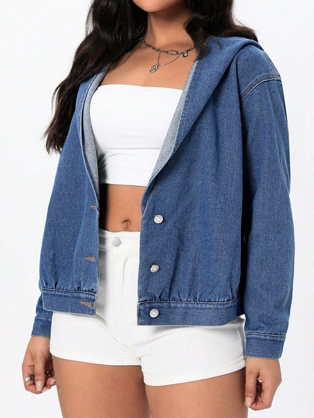 Button Up Hooded Denim Top Trendsi Hanalas