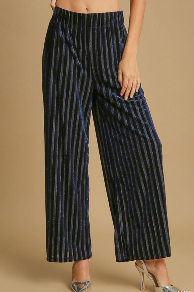 Umgee Full Size Elastic Waist Striped Wide Leg Velvet Pants | Hanalas