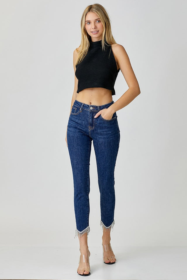 RISEN Full Size Embellished Mid Rise Crop Skinny Jeans | Hanalas