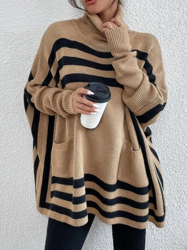 Striped Turtleneck Batwing Sleeve Sweater with Pockets | Hanalas