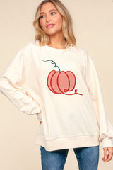 Haptics Full Size Embroidery Pumpkin Long Sleeve Knit Top