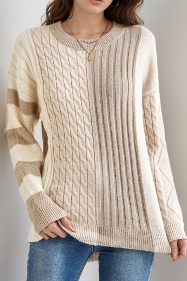 Cable-Knit Color Block Round Neck Sweater Trendsi Hanalas