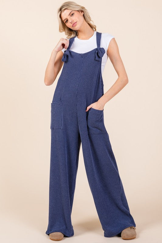 BOMBOM Knot Straps Wide Leg Ribbed Overalls with Pockets | Hanalas