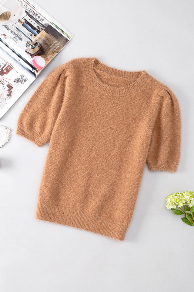 Fuzzy Round Neck Half Sleeve Sweater | Hanalas