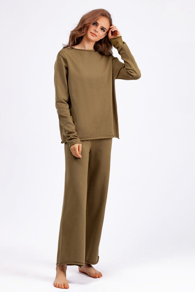 Basic Bae Rolled Round Neck Top and Pants Sweater Set Trendsi Hanalas