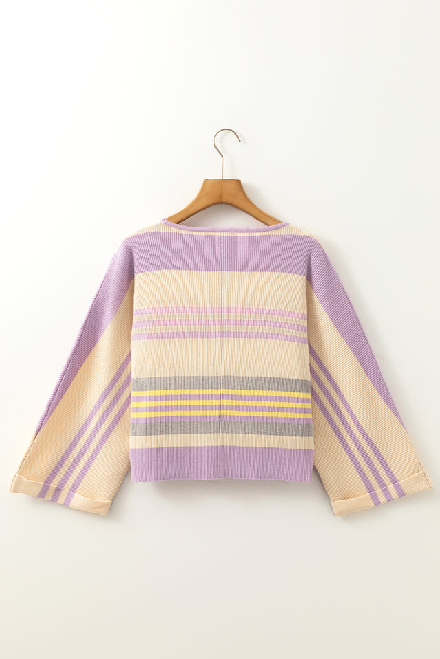 Contrast Striped Round Neck Three-Quarter Sleeve Top | Hanalas