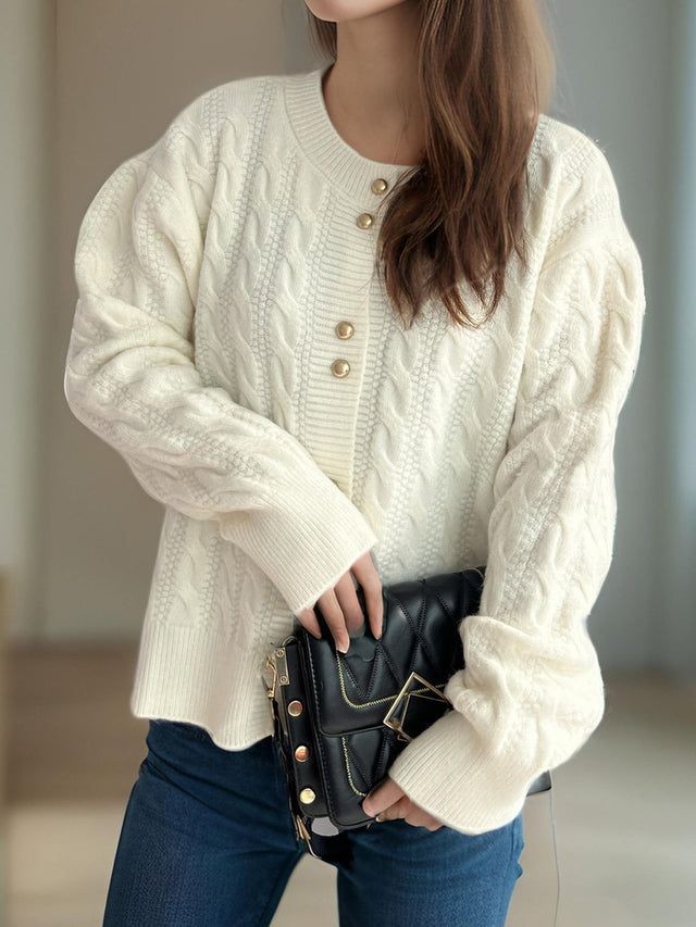 Cable-Knit Round Neck Long Sleeve Cardigan Trendsi Hanalas