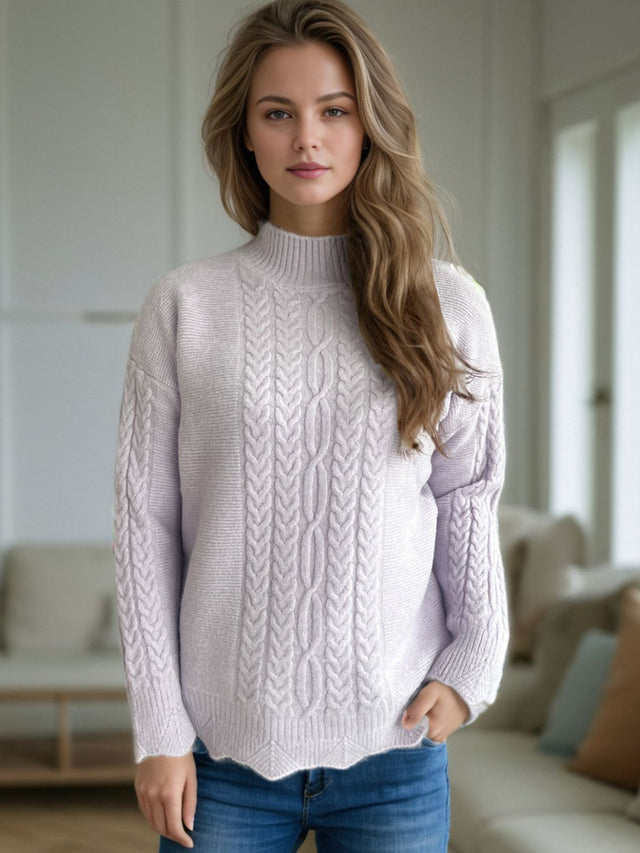 Cable-Knit Mock Neck Dropped Shoulder Sweater | Hanalas