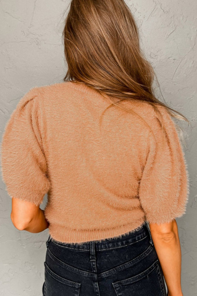 Fuzzy Round Neck Half Sleeve Sweater | Hanalas