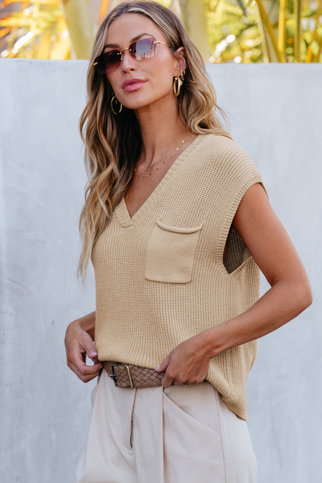 Pocketed V-Neck Cap Sleeve Sweater | Hanalas