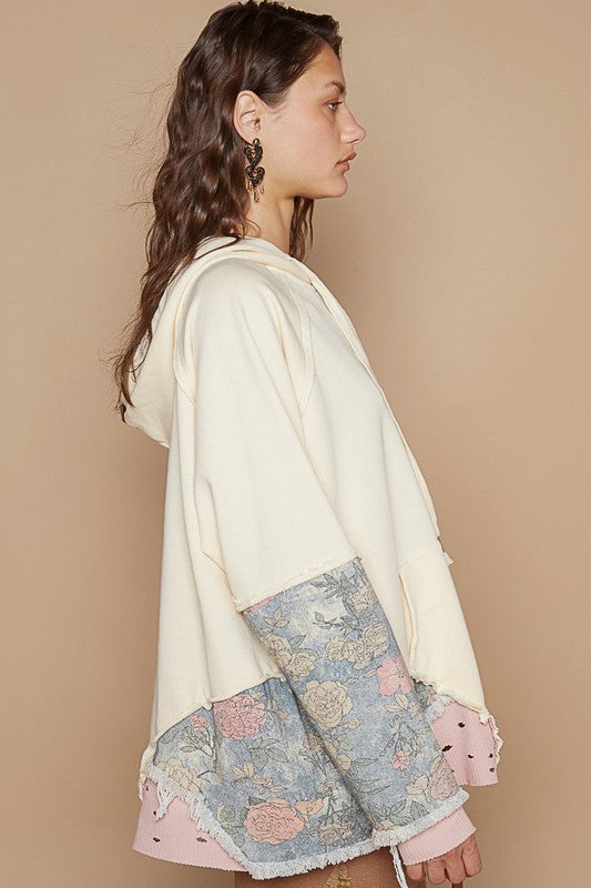 POL Floral Patchwork Distressed Drawstring Hoodie | Hanalas