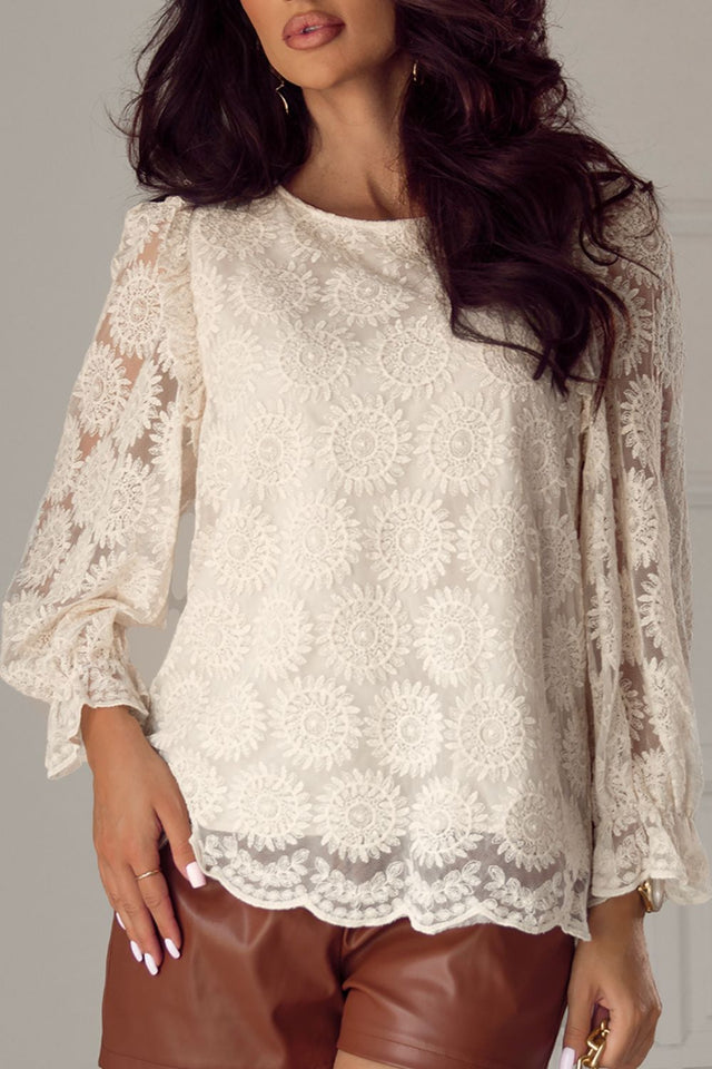 Flower Jacquard Flounce Sleeve Blouse | Hanalas