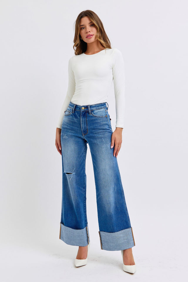 Judy Blue Full Size Distressed High Waist Wide Leg Jeans | Hanalas