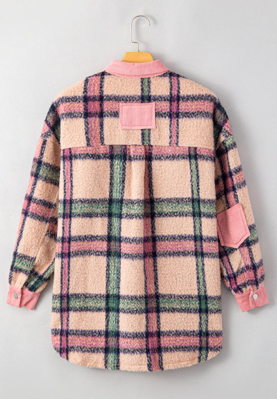 Fuzzy Plaid Corduroy Patchwork Shacket | Hanalas