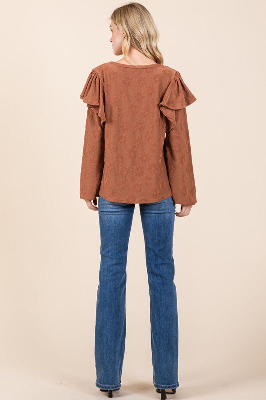 BOMBOM Ruffled Flower Round Neck Blouse | Hanalas