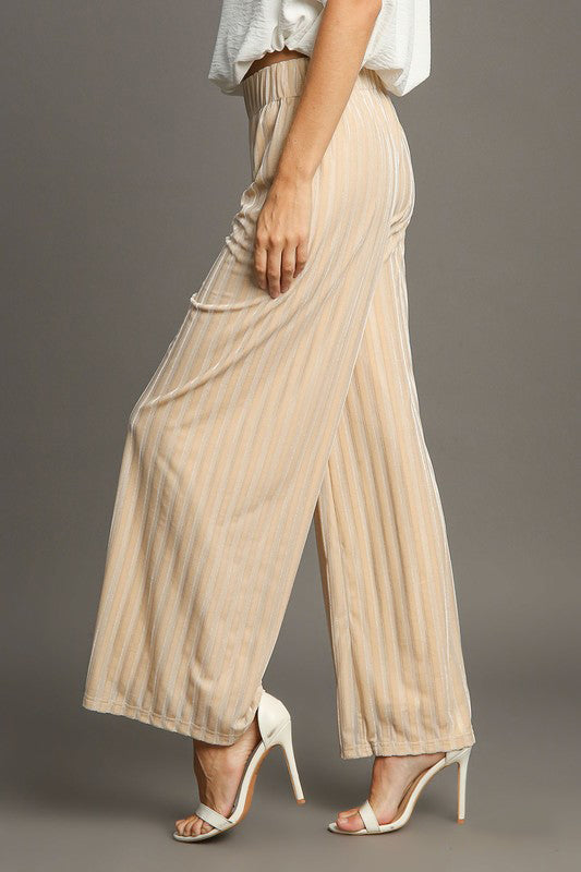 Umgee Elastic Waist Striped Wide Leg Velvet Pants | Hanalas