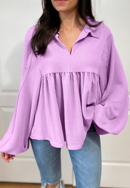 Corded Johnny Collar Long Sleeve Babydoll Blouse | Hanalas