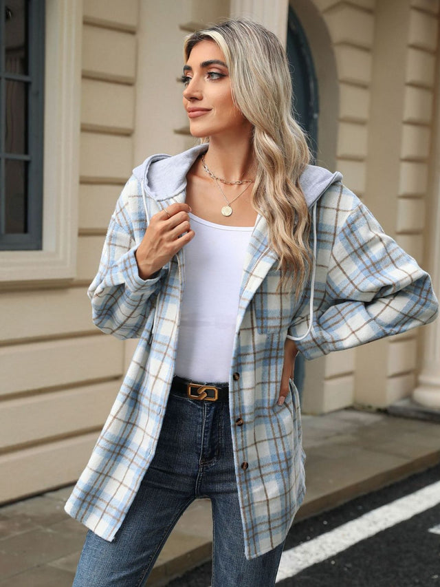 Drawstring Plaid Button Up Hooded Jacket Trendsi Hanalas