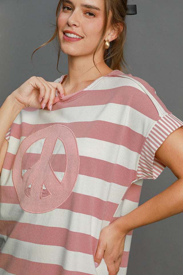 Umgee Peace Applique Striped Short Sleeve Mini Dress | Hanalas