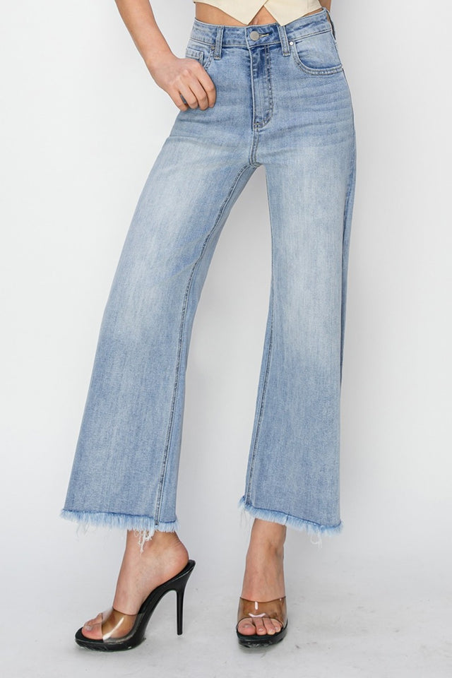 RISEN High Rise Crop Wide Fray Hem Jeans Trendsi Hanalas