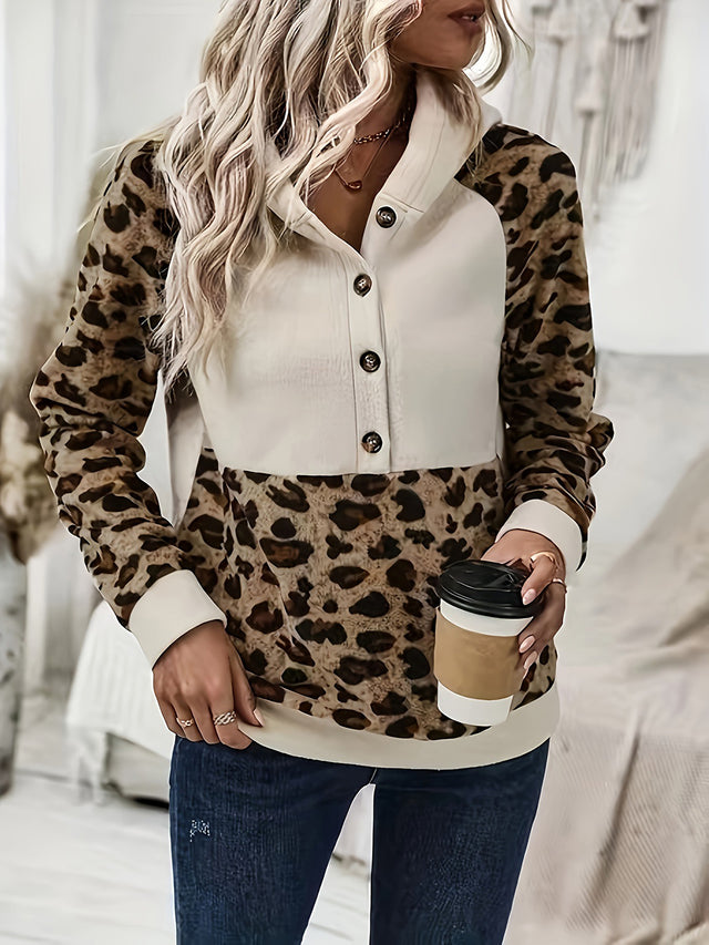 Leopard Half Button Long Sleeve Hoodie | Hanalas