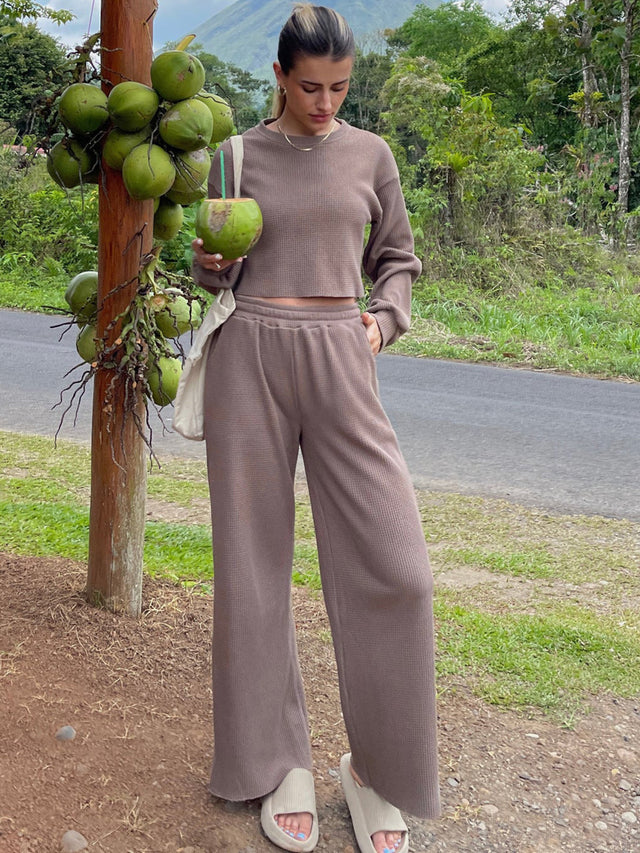 Waffle-Knit Round Neck Top and Pants Set | Hanalas