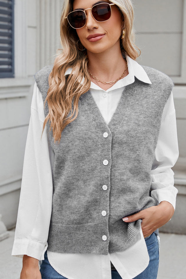 Button Down V-Neck Sweater Vest | Hanalas