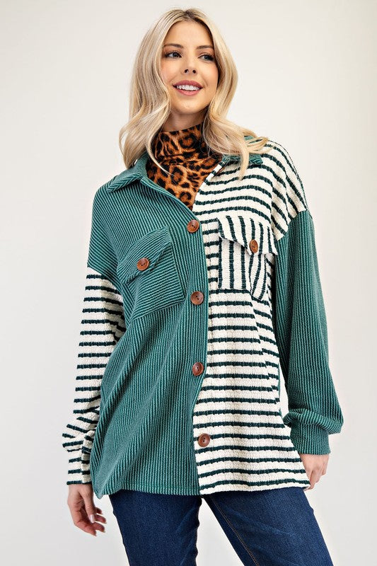 Celeste Full Size Striped Button Up Dropped Shoulder Shacket | Hanalas