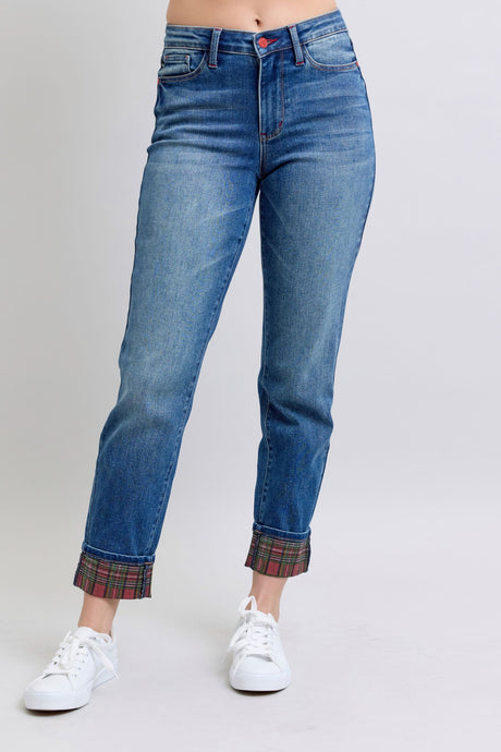 Judy Blue Full Size Plaid Print Cuff Straight Leg Jeans with Pockets | Hanalas