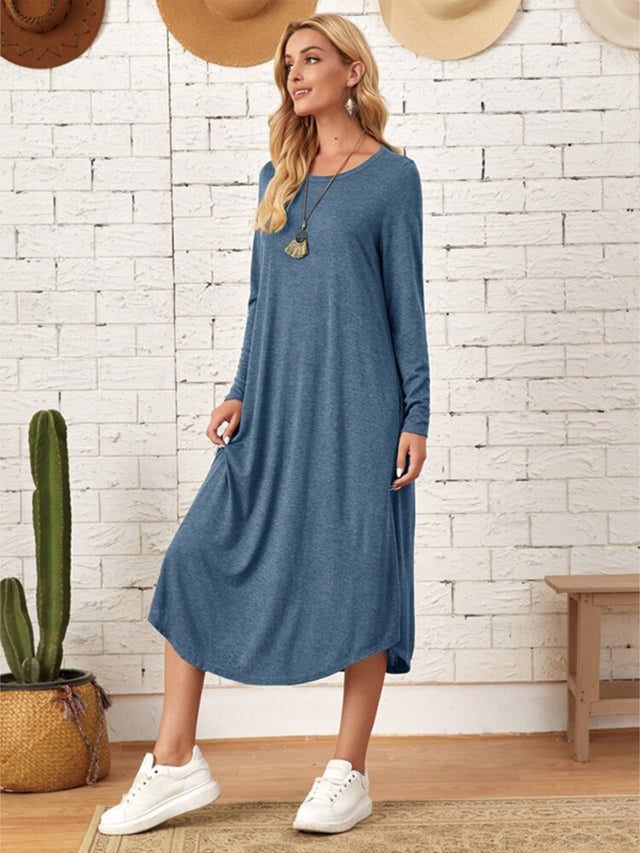 Pocketed Round Neck Long Sleeve Tee Dress - Hanalas