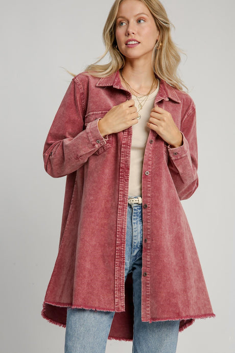 Umgee Raw Hem Button Down Denim Jacket with Chest Pockets | Hanalas