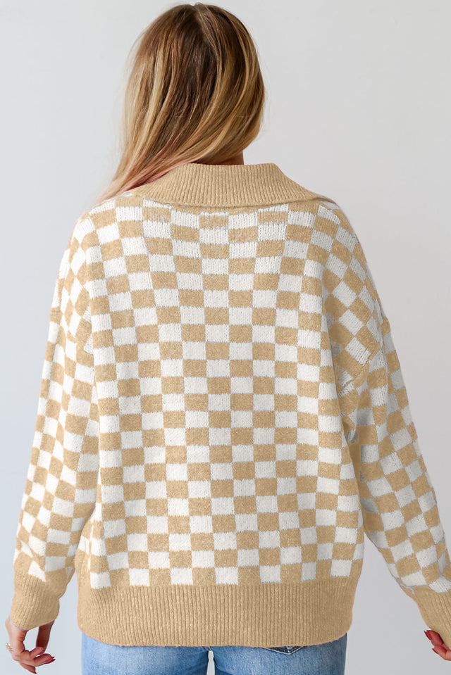 Checkered Collared Neck Long Sleeve Sweater | Hanalas