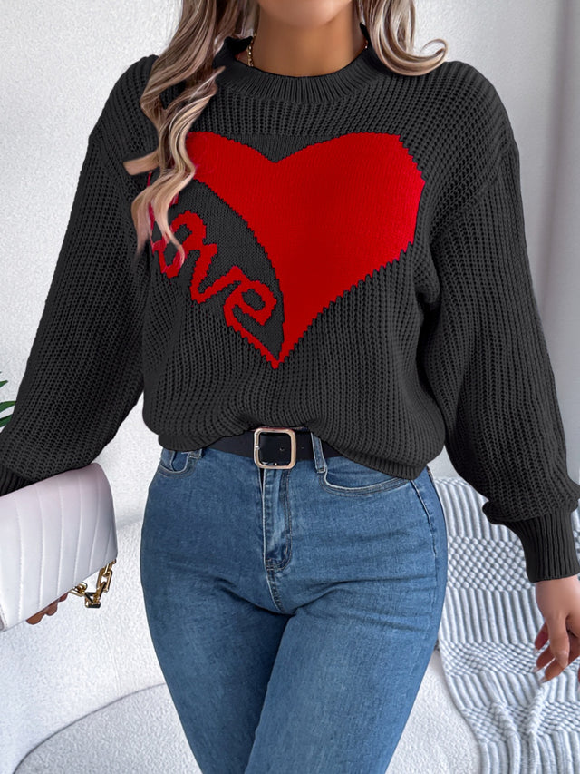 LOVE Heart Round Neck Dropped Shoulder Sweater | Hanalas