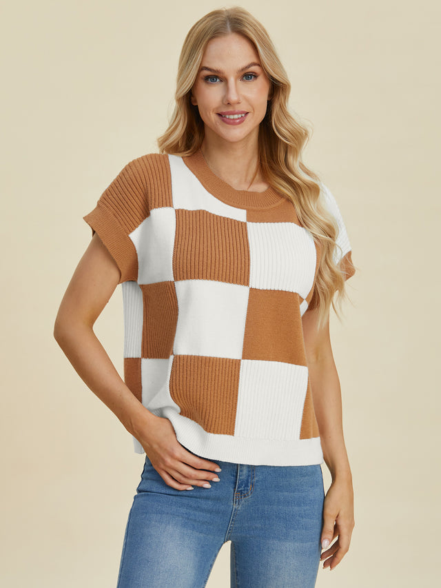 Double Take Full Size Checkered Round Neck Short Sleeve Sweater Trendsi Hanalas