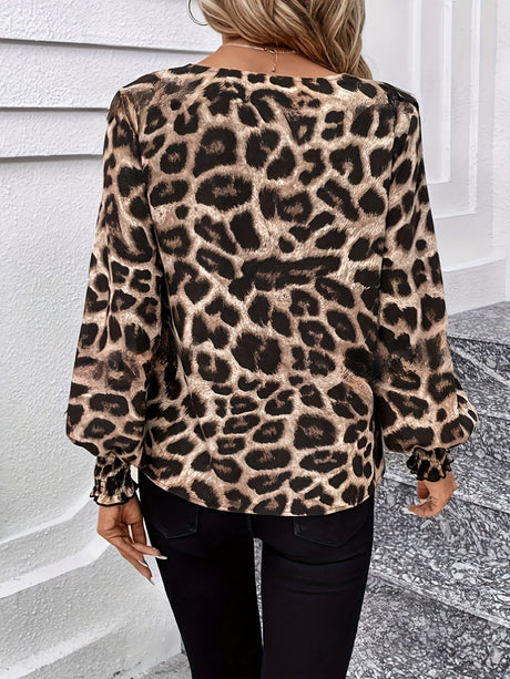 Leopard V-Neck Lantern Sleeve Blouse | Hanalas