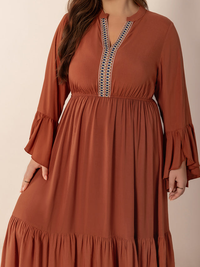 Plus Size Ruffled Notched Long Sleeve Midi Dress Trendsi Hanalas