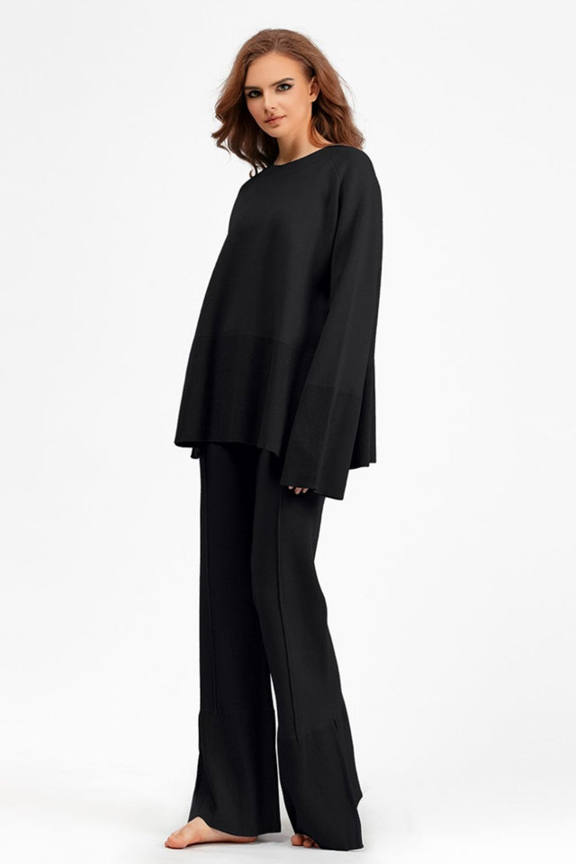 Basic Bae Slit Round Neck Long Sleeve Top and Drawstring Pants Sweater Set Trendsi Hanalas