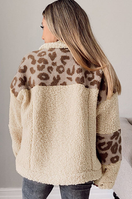 Pocketed Leopard Collared Neck Sherpa Jacket | Hanalas