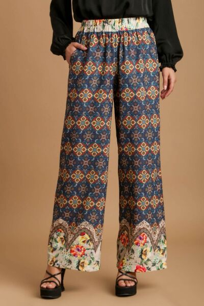 Umgee Full Size Mixed Print Elastic Waistband Pants Plus Size | Hanalas