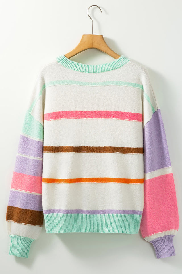 Contrast Striped Round Neck Drop Shoulder Sweater | Hanalas