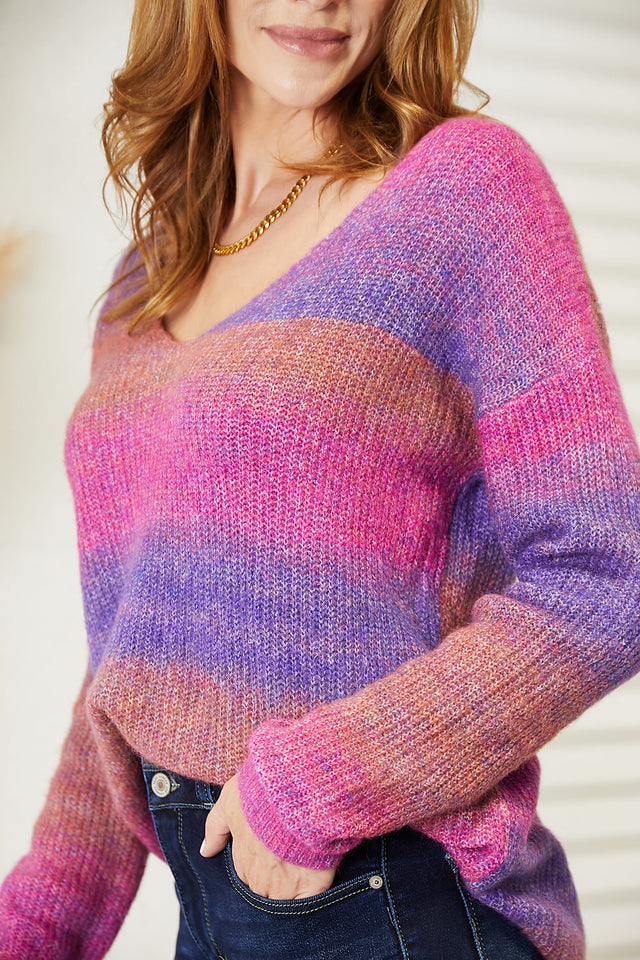 Angel Wings Multicolored Rib-Knit V-Neck Knit Pullover