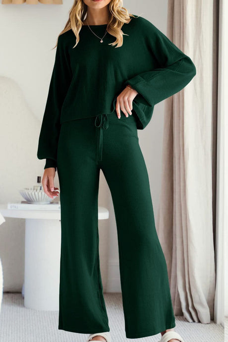 Round Neck Long Sleeve Top and Pants Set | Hanalas