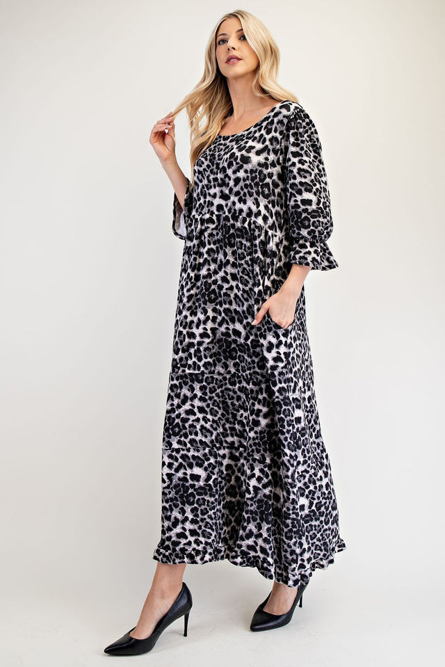 Celeste Full Size Leopard Round Neck Flounce Sleeve Dress | Hanalas